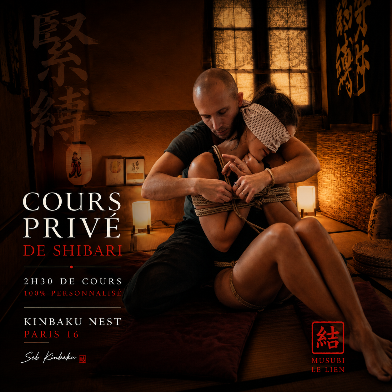 Seb Kinbaku donnant un cours privé de Shibari au Kinbaku Nest à Paris 16