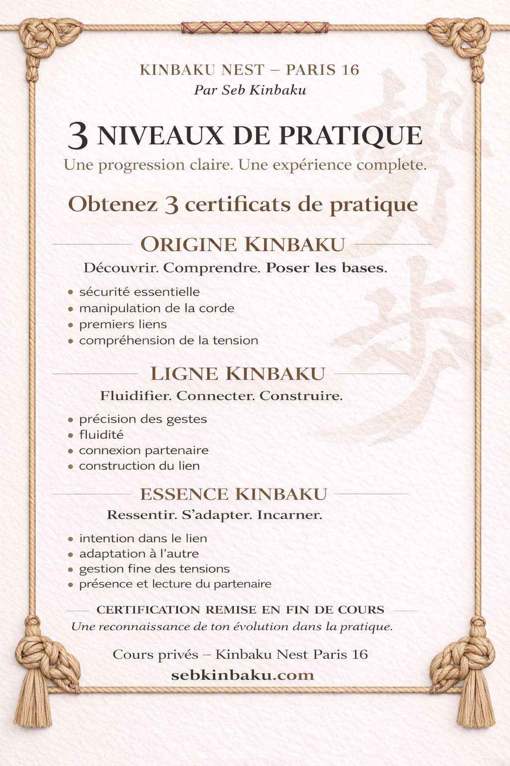 Programme des trois niveaux de pratique : Origine Kinbaku, Ligne Kinbaku et Essence Kinbaku